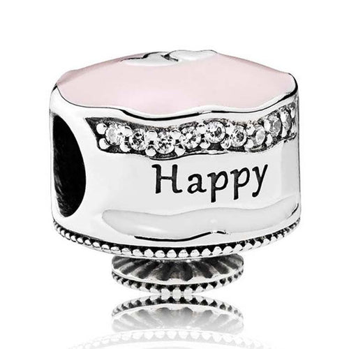925 Sterling Silver Bead Charm Pink Enamel Happy Birthday Cake With Crystal Beads Fit Pandora Bracelet Bangle DIY Jewelry