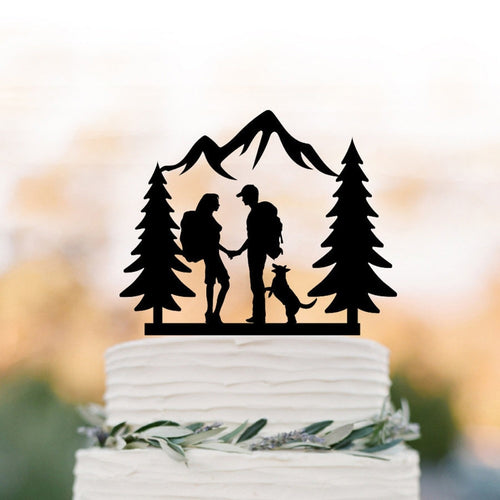 Hiking Couple wedding cake topper, Bride and Groom with dog and trees Backpacking outdoor wedding Mountain Wedding Cake Topper